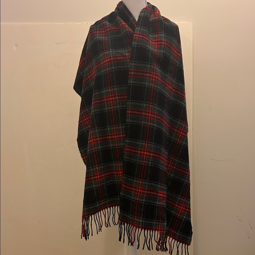 J. Crew Black Plaid Fringe Wrap Scarf with Red and Green Tartan